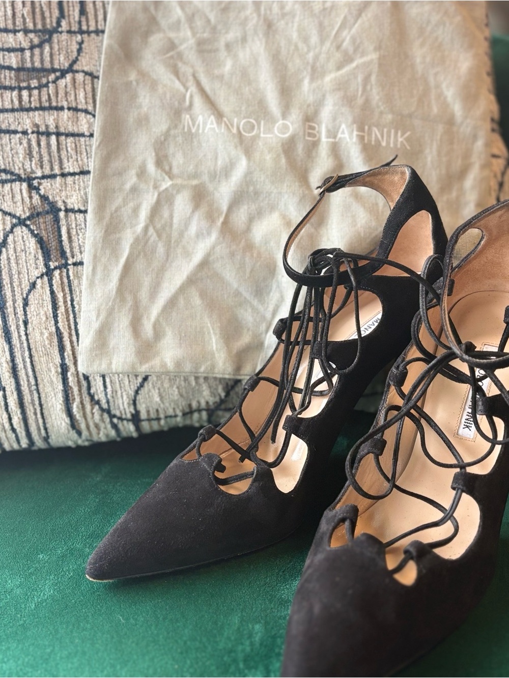 Manolo Blahnik Black Suede Lace-Up Pumps | Pointed Toe Heels